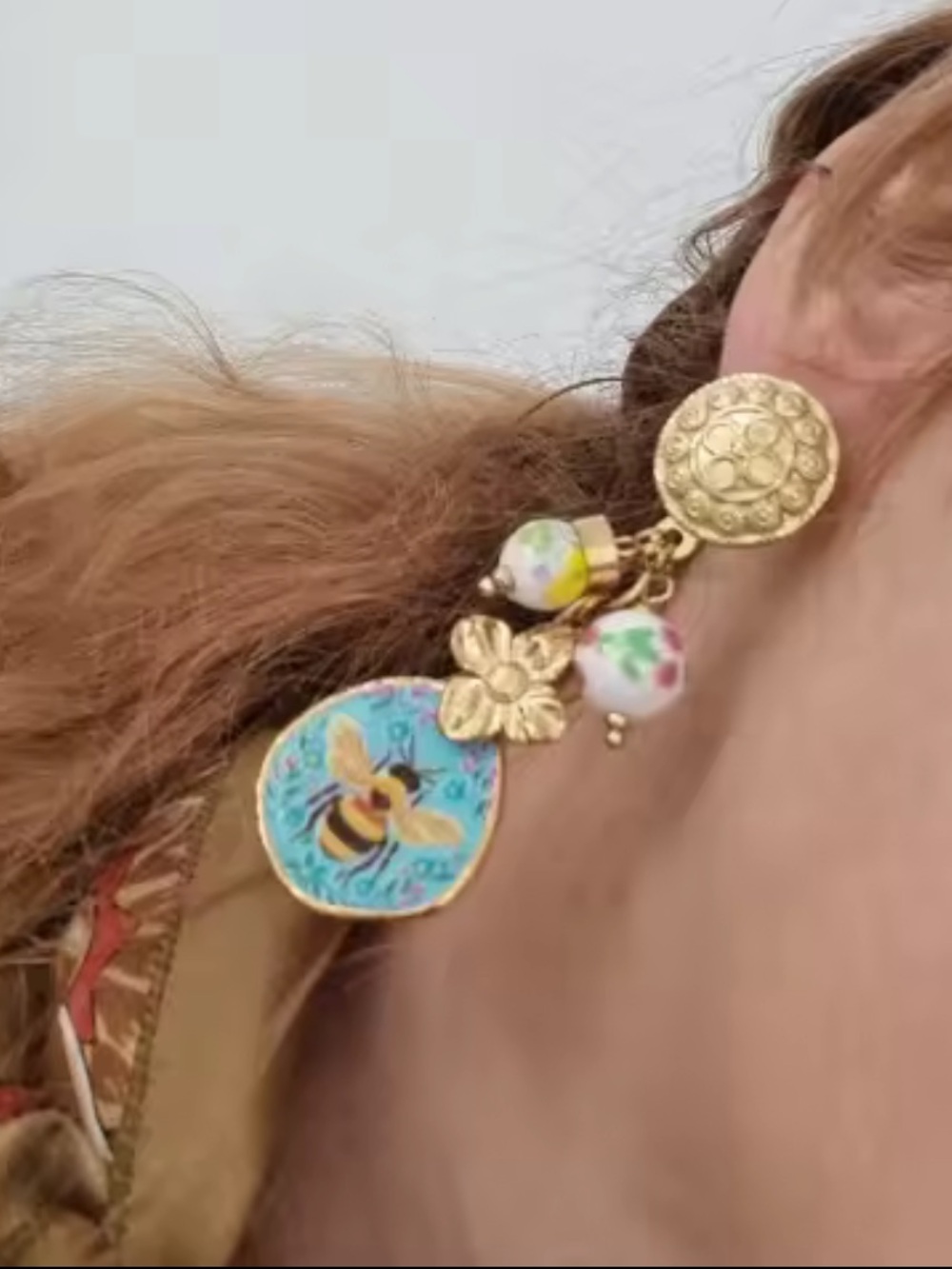 Whimsical Bee Blue Floral Charm Earrings - Picture 9 of 13